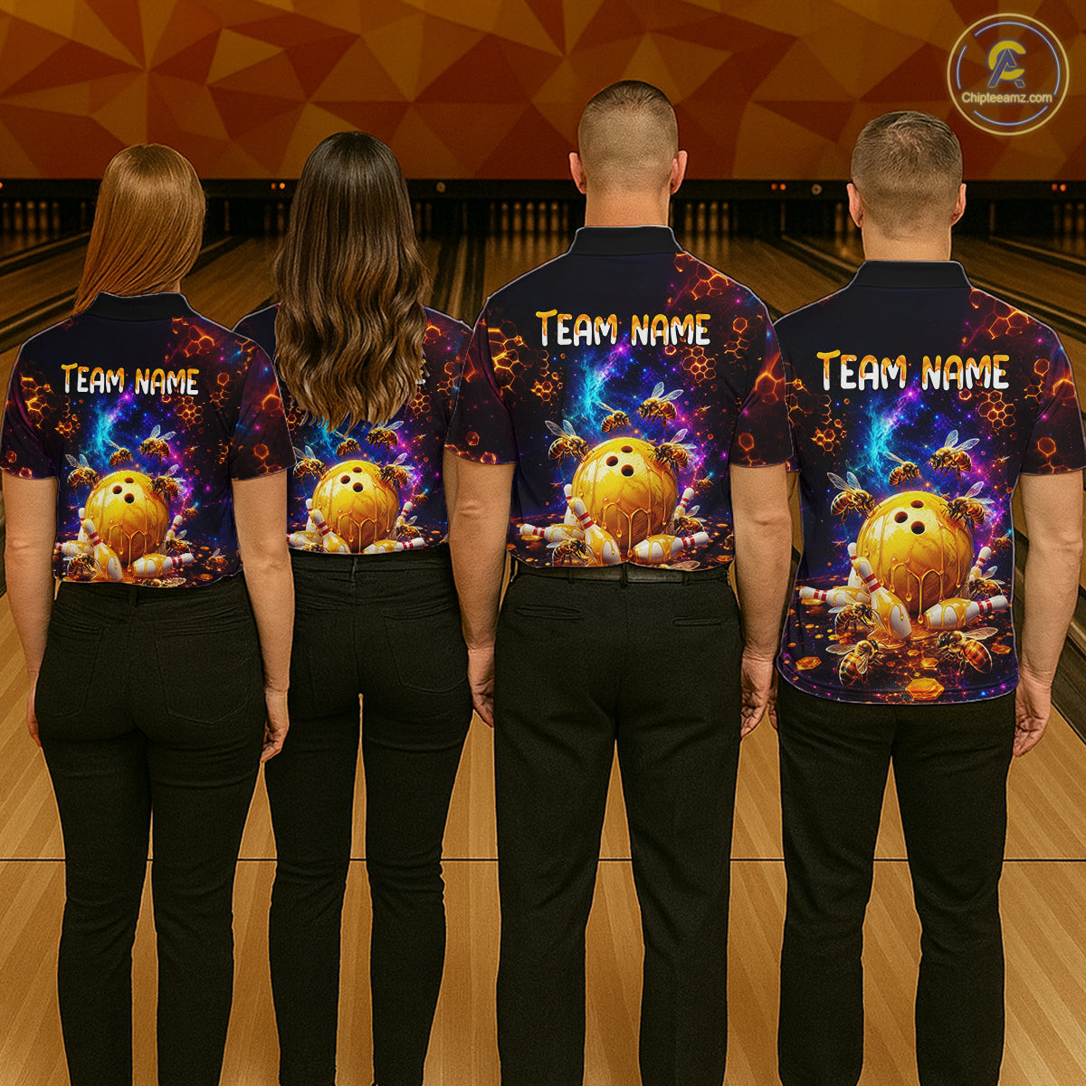 Four people wearing of a dark bowling quarter zip with cosmic honeycomb graphics, bees, honey-dripping bowling balls, pins, and custom team name text.