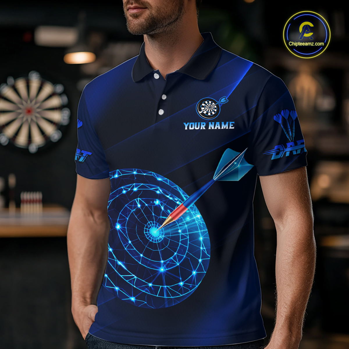 Custom Neon Blue Cyber Dartboard Darts Shirt for Men Darts Team Jerseys Polo & 1/4 Zip NNT132