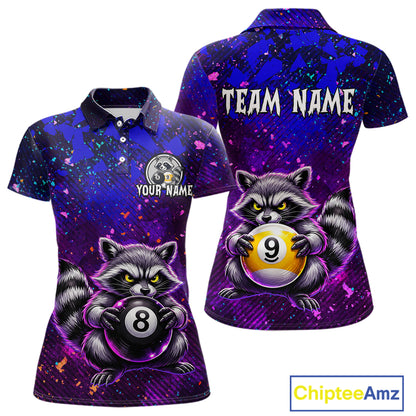 Front and back views of a purple and blue billiards polo shirt featuring a raccoon holding 8-ball and 9-ball graphics with custom team name text.