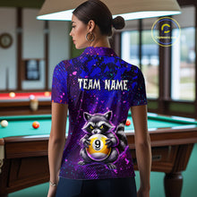 Load image into Gallery viewer, Woman wearing a purple shirt with a raccoon design and 'Team Name' text in a pool hall.