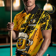 Load image into Gallery viewer, Man wearing a yellow funny beer billiard shirt with a pool cue, standing in front of a pool table.