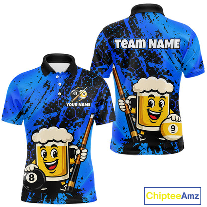 Custom pool team shirt featuring a cartoon beer mug character, 8-ball and 9-ball graphics, and personalized “TEAM NAME” and “YOUR NAME” text areas.