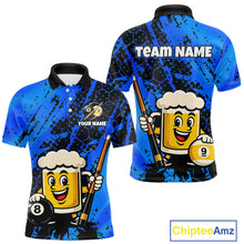 Load image into Gallery viewer, Custom pool team shirt featuring a cartoon beer mug character, 8-ball and 9-ball graphics, and personalized “TEAM NAME” and “YOUR NAME” text areas.