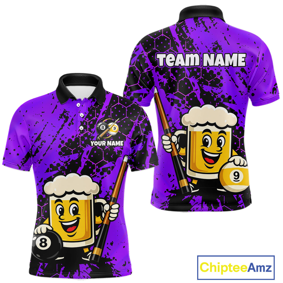 Custom pool team shirt featuring a cartoon beer mug character, 8-ball and 9-ball graphics, and personalized “TEAM NAME” and “YOUR NAME” text areas.