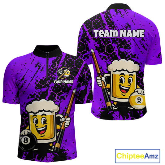 Custom pool team shirt featuring a cartoon beer mug character, 8-ball and 9-ball graphics, and personalized “TEAM NAME” and “YOUR NAME” text areas.