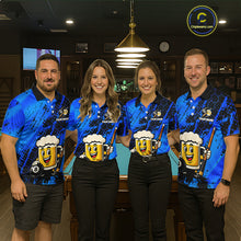 Load image into Gallery viewer, Four teammates in a billiards hall wearing matching blue funny beer-themed pool polos, sleeve name text, and large 8-ball graphics.