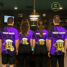 Load image into Gallery viewer, Four people wearing a bright purple billiards polo with black splatter graphics, custom “TEAM NAME” text, and a smiling beer mug mascot holding a pool cue.