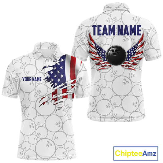 Front and back views of a white short-sleeve polo shirt with a bowling-themed American flag graphic, a black bowling ball, and 'TEAM NAME' on the back. The shirt has a subtle bowling pin pattern and customizable text placeholders.