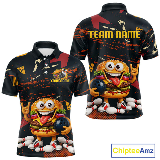 Custom short-sleeve polo shirt shown from front and back on a white background. The shirt has a black base with orange and red distressed graphics, a cartoon burger character holding a bowling ball, bowling pins, and customizable text areas including 'TEAM NAME' and 'YOUR NAME'.