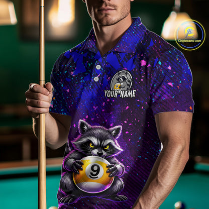 Person wearing a colorful polo shirt with a raccoon design holding a pool cue, set against a pool table background.