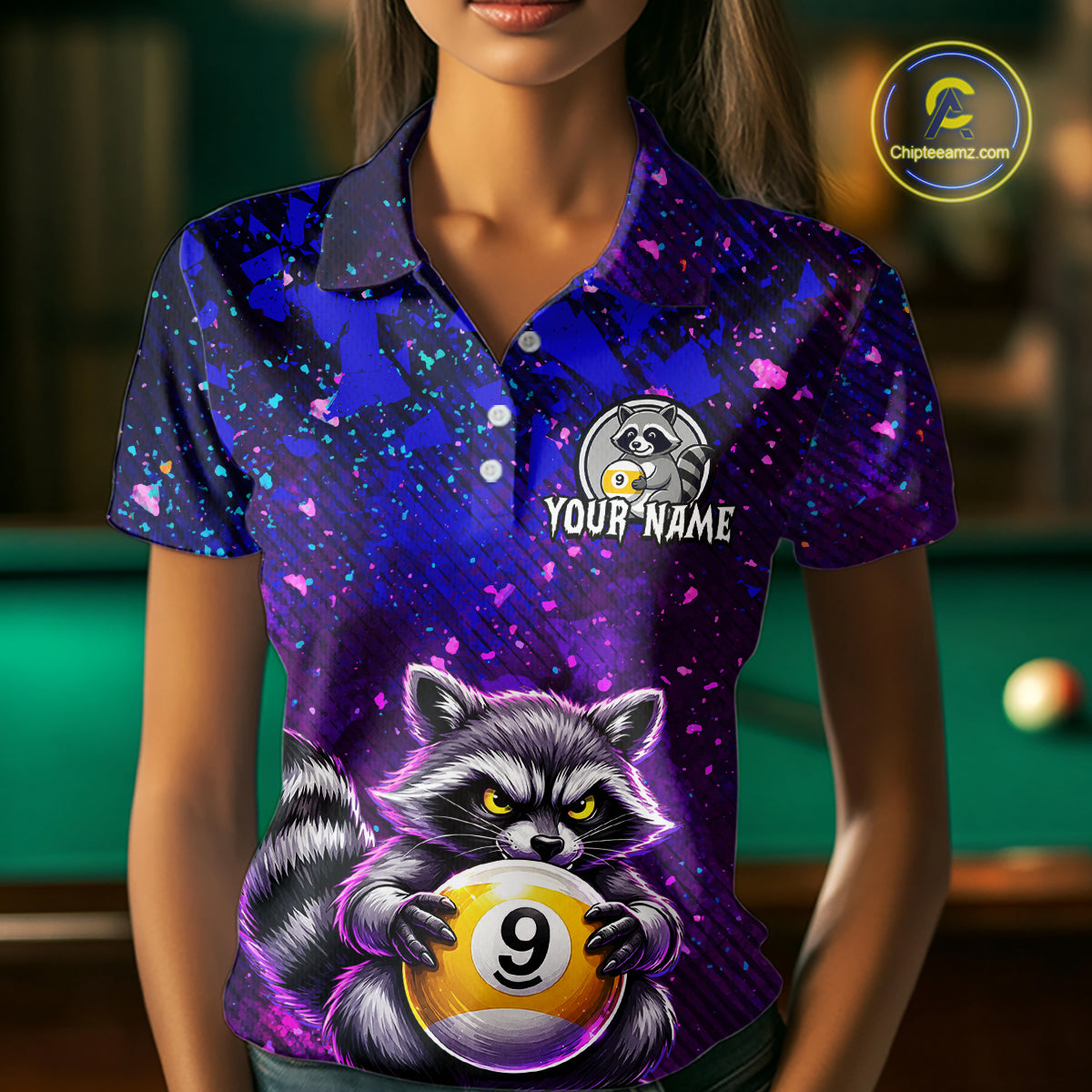 Person wearing a colorful polo shirt with a raccoon holding a pool ball design and customizable text.