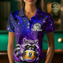 Load image into Gallery viewer, Person wearing a colorful polo shirt with a raccoon holding a pool ball design and customizable text.