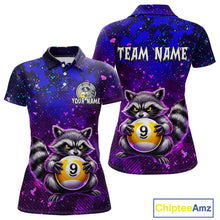 Load image into Gallery viewer, Purple polo shirt with raccoon design holding a pool ball, customizable text on a white background.