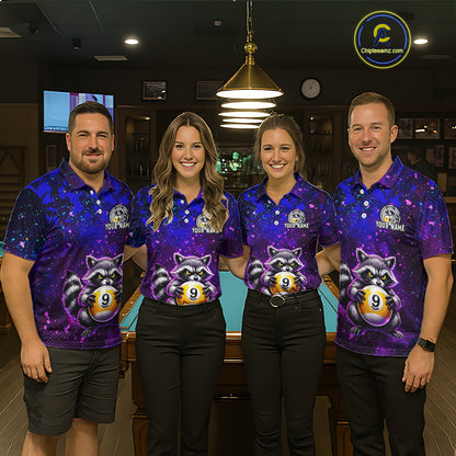 Four people wearing matching purple shirts with raccoon and pool ball designs in a bar setting.