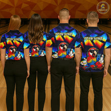 Load image into Gallery viewer, Four people standing with their backs to the camera in a bowling alley, wearing matching custom bowling shirts with a colorful parrot graphic and 'TEAM NAME' text. The shirts feature a blue, red, and yellow retro design.
