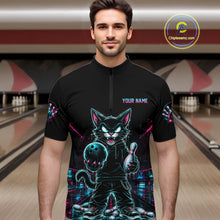 Load image into Gallery viewer, A man wearing a black short-sleeve bowling jersey with a neon cat graphic holding bowling balls and pins, set against a bowling alley background. The jersey features a mock zipper at the collar and customizable text on the chest.