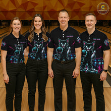 Load image into Gallery viewer, Four people standing together in a bowling alley wearing matching black short-sleeve polo shirts with a colorful neon cat graphic and 'YOUR NAME' text on the chest, paired with black pants.