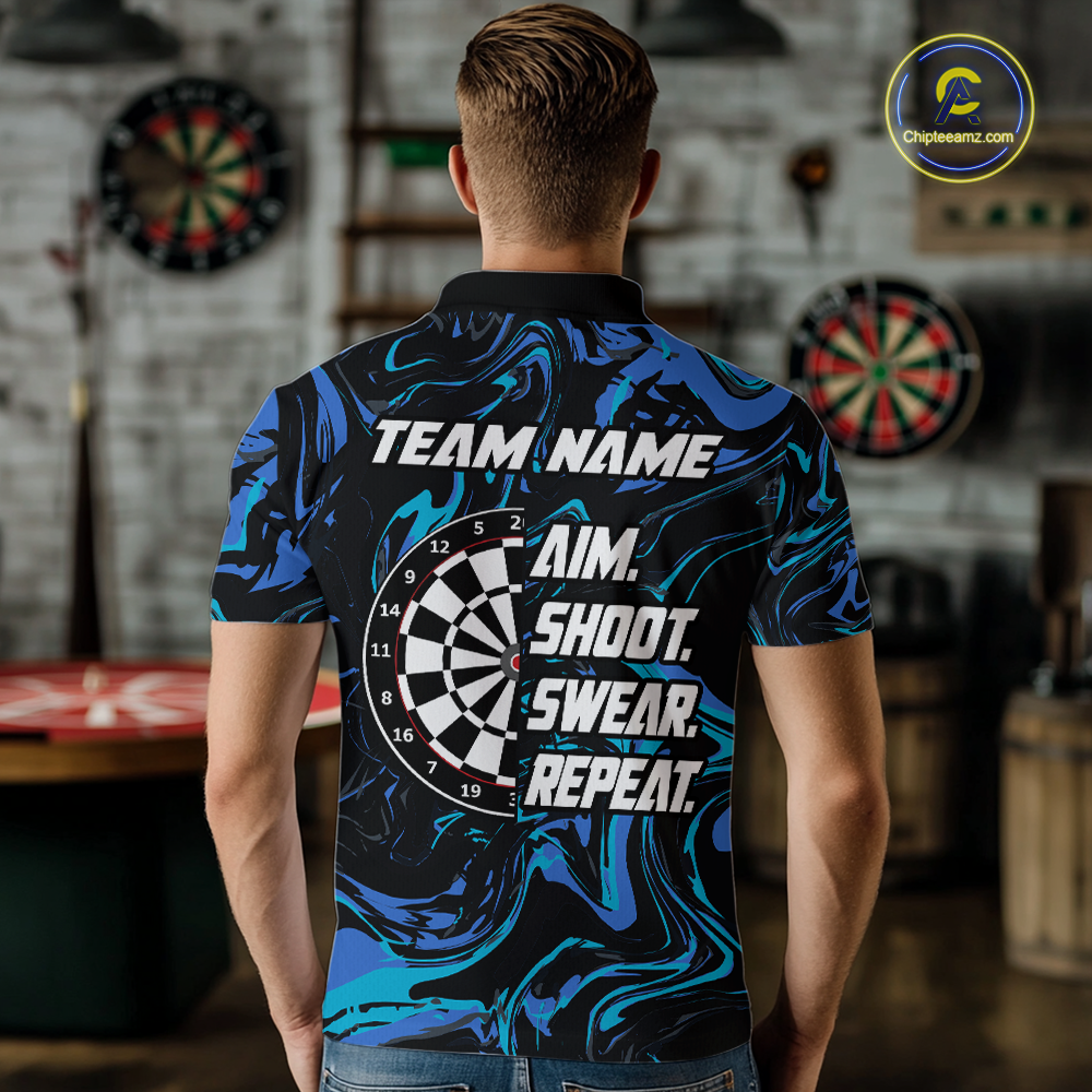 Turquoise-Blue Pattern Aim Shoot Swear Repeat Darts Team Jerseys Dart Shirts For Men NNT168