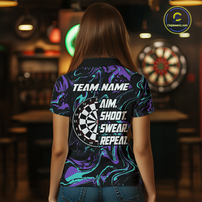 Turquoise-Purple Pattern Aim Shoot Swear Repeat Darts Team Jerseys Dart Shirts For Women NNT168