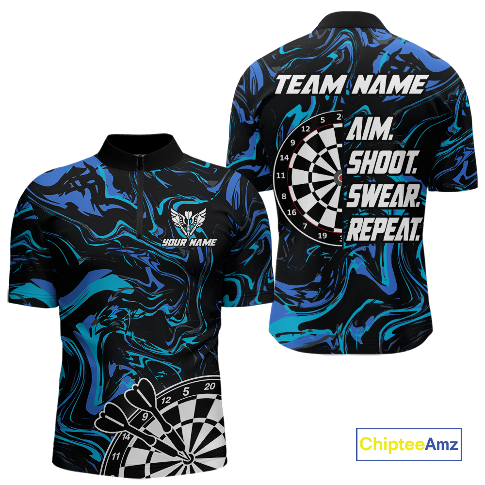 Turquoise-Blue Pattern Aim Shoot Swear Repeat Darts Team Jerseys Dart Shirts For Men NNT168