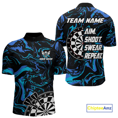 Turquoise-Blue Pattern Aim Shoot Swear Repeat Darts Team Jerseys Dart Shirts For Men NNT168
