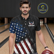 Load image into Gallery viewer, Man wearing a black patriotic bowling polo shirt featuring distressed American flag graphics, custom team and player name text, and a bald eagle with spread wings above a flag-themed bowling ball and pins.