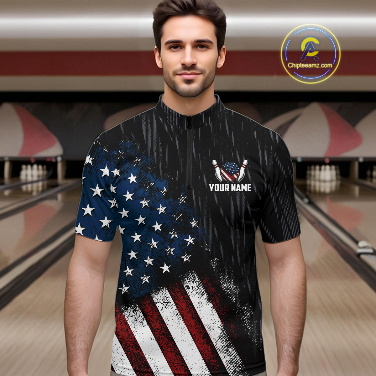 Man wearing a black patriotic bowling quarter zip shirt featuring distressed American flag graphics, custom team and player name text, and a bald eagle with spread wings above a flag-themed bowling ball and pins.