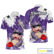 Load image into Gallery viewer, Front and back views of a white and purple bowling polo with paint-splatter patterns, featuring a smiling hippo in sunglasses, bowling pins, and a red bowling ball.