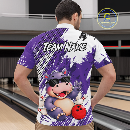 Man wearing a bowling polo shirt featuring smiling hippo mascot in sunglasses, bowling pins, and a red bowling ball