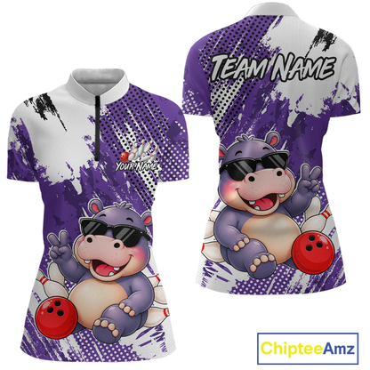 Custom Funny Hippo Bowling Team Shirts Bowling Shirt for Women Bowling League Polo &1/4 Zip HNT348