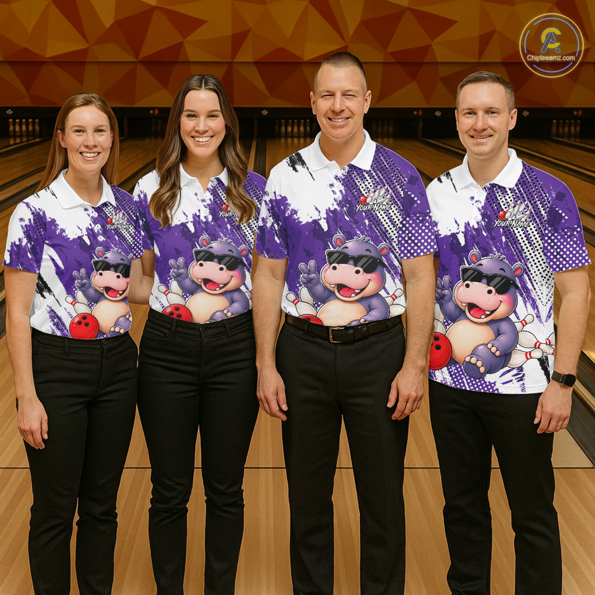 Custom Funny Hippo Bowling Team Shirts Bowling Shirt for Women Bowling League Polo &1/4 Zip HNT348