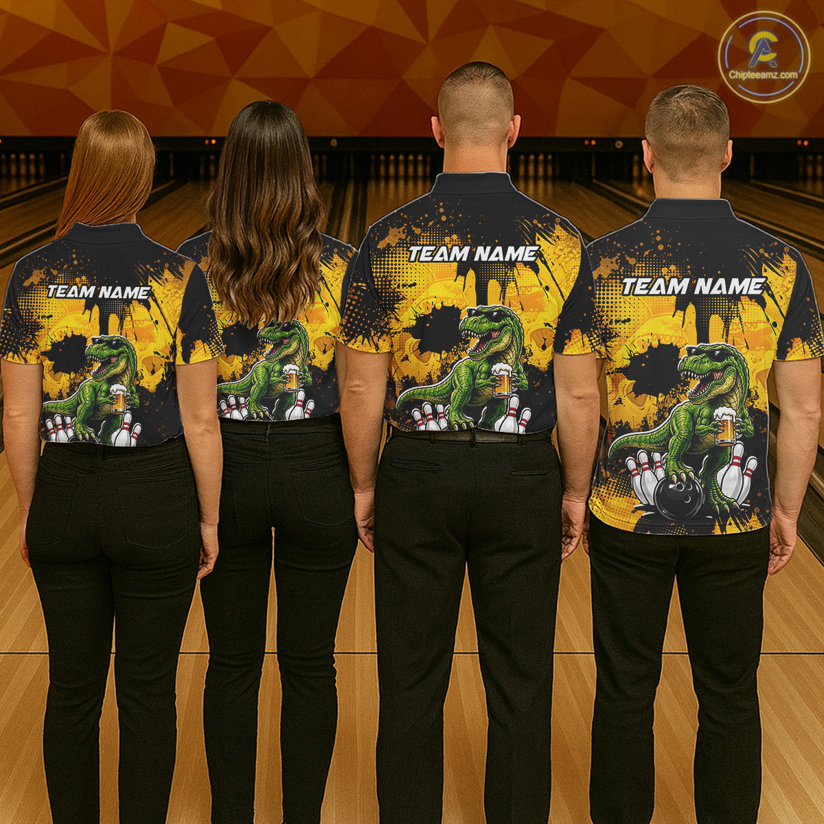 Four people wearing bowling polo shirt featuring a dinosaur holding beer with bowling pins and ball artwork on black yellow background.