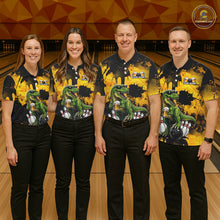 Load image into Gallery viewer, Four people wearing a black bowling polo featuring a green T-Rex wearing sunglasses, holding a beer mug, standing with bowling pins and a bowling ball, plus personalized name and team name text.