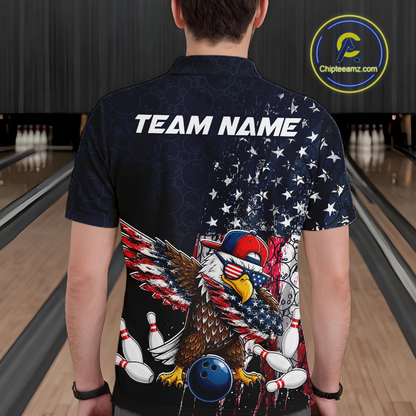 Man wearing a dark patriotic bowling polo with distressed stars-and-stripes graphics, a eagle , bowling pins, and custom team name text.