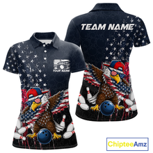 Load image into Gallery viewer, Front and back views of a dark patriotic bowling polo with distressed stars-and-stripes graphics, a eagle , bowling pins, and custom team text.