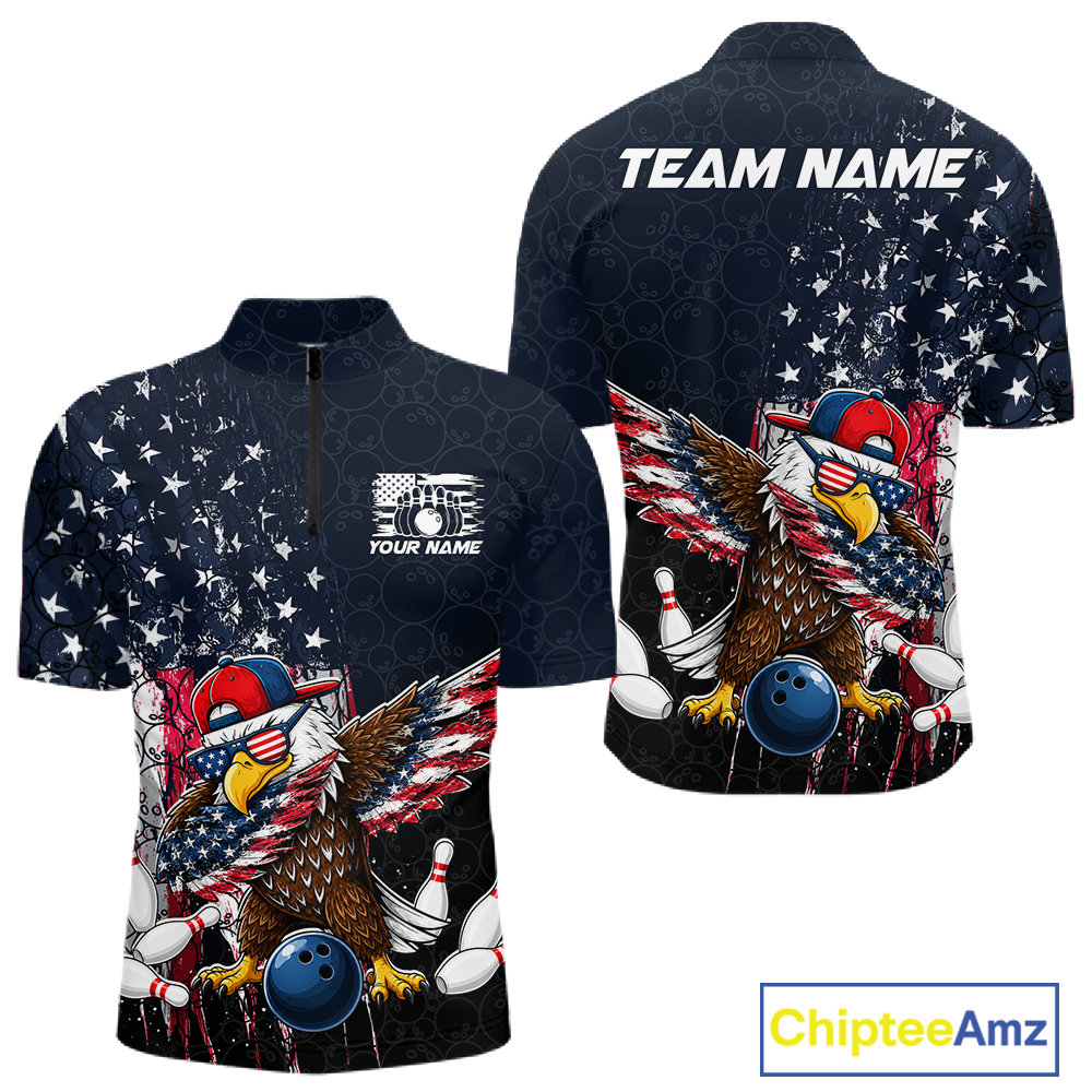 Front and back views of a dark patriotic bowling quarter zip with distressed stars-and-stripes graphics, a eagle , bowling pins, and custom team text.