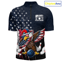 Load image into Gallery viewer, Front views of a dark patriotic bowling quarter zip with distressed stars-and-stripes graphics, a eagle , bowling pins, and custom team text.