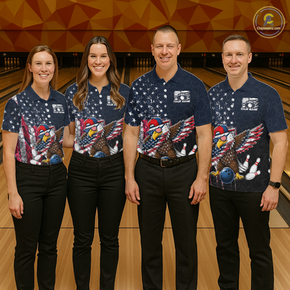 Four people wearing dark patriotic bowling polo with distressed stars-and-stripes graphics, a eagle , bowling pins, and custom your name text.