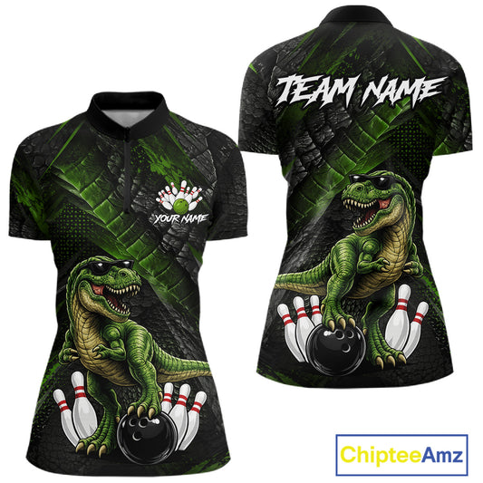 Front and back bowling quarter zip shirt featuring a dinosaur standing among bowling pins and ball artwork on black green textured background.