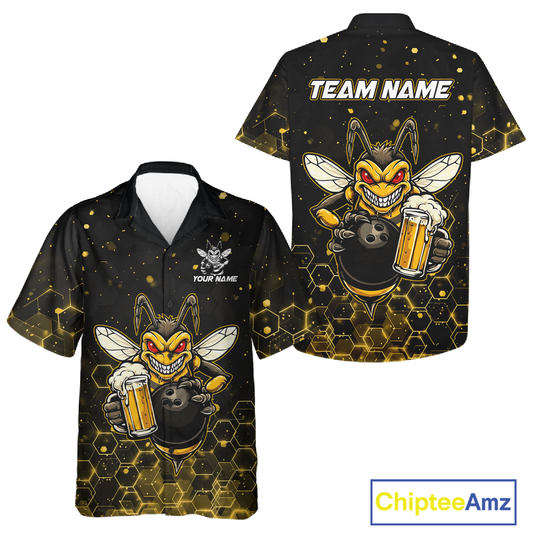 Custom Funny Beer Bee Hawaiian Bowling Jersey for Men Women Bowling Team Shirts Bowling League HNT191