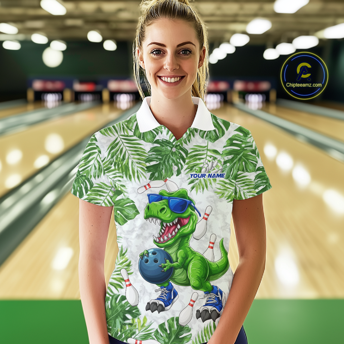 Custom Funny Dinosaur Bowling Jersey for Women Bowling Tournament Polo & 1/4 Zip Bowling Team Shirts HNT214
