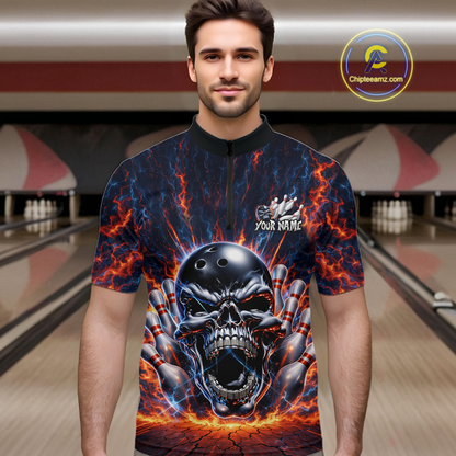 Custom Skull Bowling Jersey for Men - Flaming Strike Personalize Bowling Team Shirt Polo & 1/4 Zip HNT215