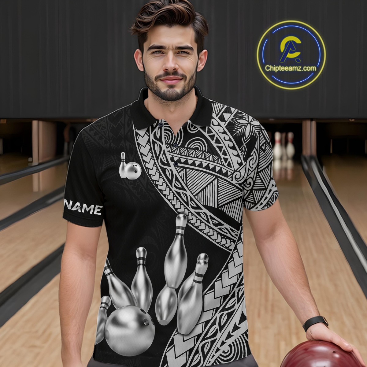 Black and White Tribal Pattern Bowling Jersey for Men Bowling Uniform Bowling Team Shirts HNT225