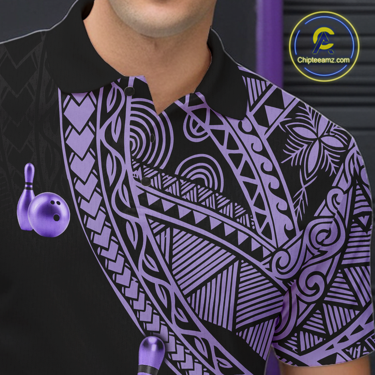 Black and Purple Tribal Pattern Bowling Jersey for Men Bowling Uniform Bowling Team Shirts HNT225