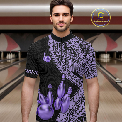 Black and Purple Tribal Pattern Bowling Jersey for Men Bowling Uniform Bowling Team Shirts HNT225