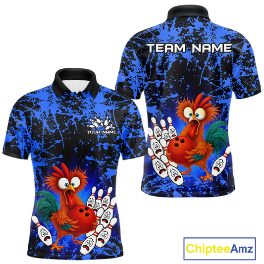 Blue Funny Chicken Bowling Jersey for Men Bowling League Bowling Team Shirts Polo & 1/4 Zip HN232