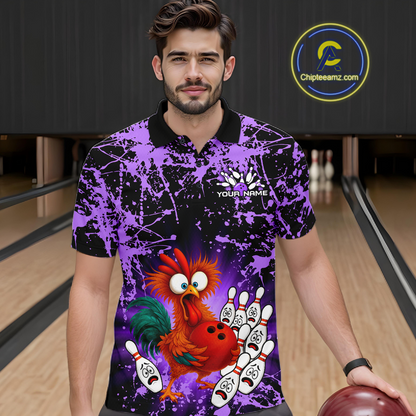Purple Funny Chicken Bowling Jersey for Men Bowling League Bowling Team Shirts Polo & 1/4 Zip HN232