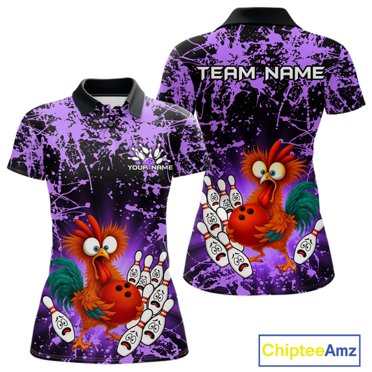 Purple Funny Chicken Bowling Jersey for Women Bowling League Bowling Team Shirts Polo & 1/4 Zip HN232