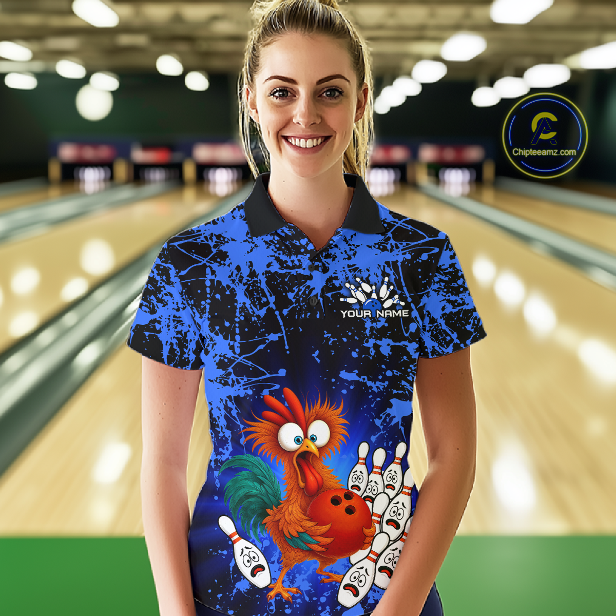 Blue Funny Chicken Bowling Jersey for Women Bowling League Bowling Team Shirts Polo & 1/4 Zip HN232