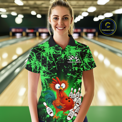 Green Funny Chicken Bowling Jersey for Women Bowling League Bowling Team Shirts Polo & 1/4 Zip HN232